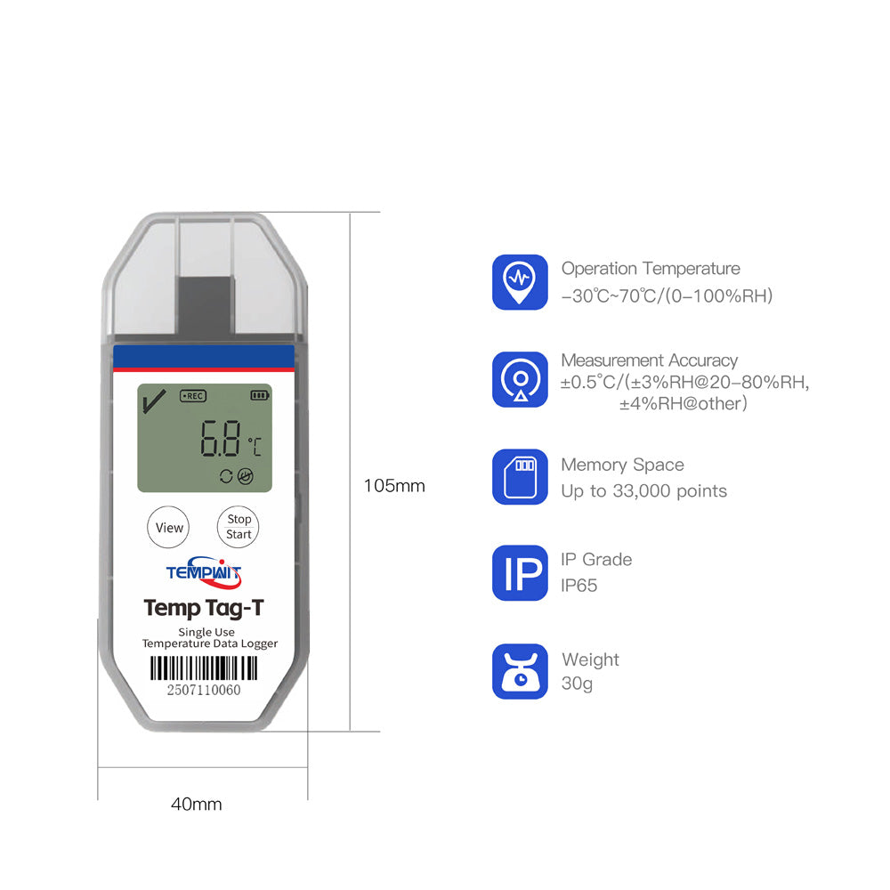 Temp Tag-T Programmable Single Use Temperature Data Logger with LCD display
